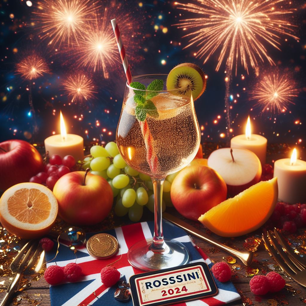 Imagem de um coquetel Rossini servido em uma taça de champanhe elegante, destacando-se pela sua cor rosa vibrante. Morangos frescos e suculentos adornam a borda da taça, enquanto bolhas delicadas sobem através do líquido claro e cintilante. A bebida exala sofisticação e celebração, perfeita para ocasiões especiais